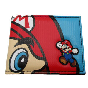 Super Mario Wallet Mens Red Blue Bifold ID Window Card Slots Bioworld Nintendo